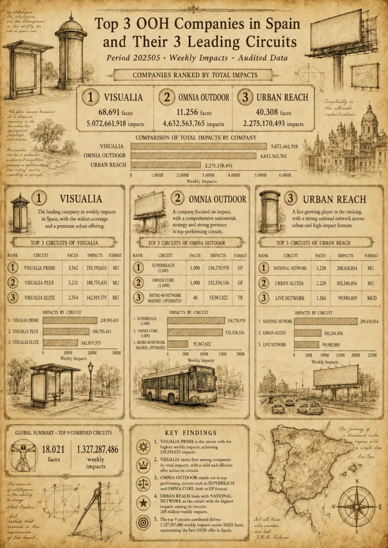 Infografía estilo renacentista / Leonardo da Vinci: las 3 principales empresas OOH en España (Visualia, Omnia Outdoor, Urban Reach) y sus 3 circuitos líderes, ranqueados por impactos semanales.