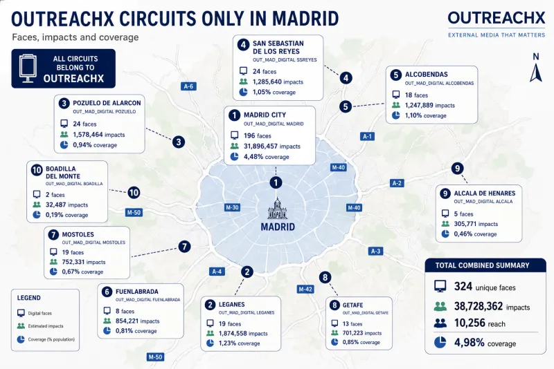 OutreachX digital OOH circuits across the Madrid metro area: 10 circuits (Madrid City, Leganés, Pozuelo, San Sebastián de los Reyes, Alcobendas, Fuenlabrada, Móstoles, Getafe, Alcalá de Henares, Boadilla del Monte) plotted on a map with faces, weekly impacts and coverage per circuit; combined total: 324 unique faces, 38.7 M impacts, 10,256 reach, 4.98% coverage.