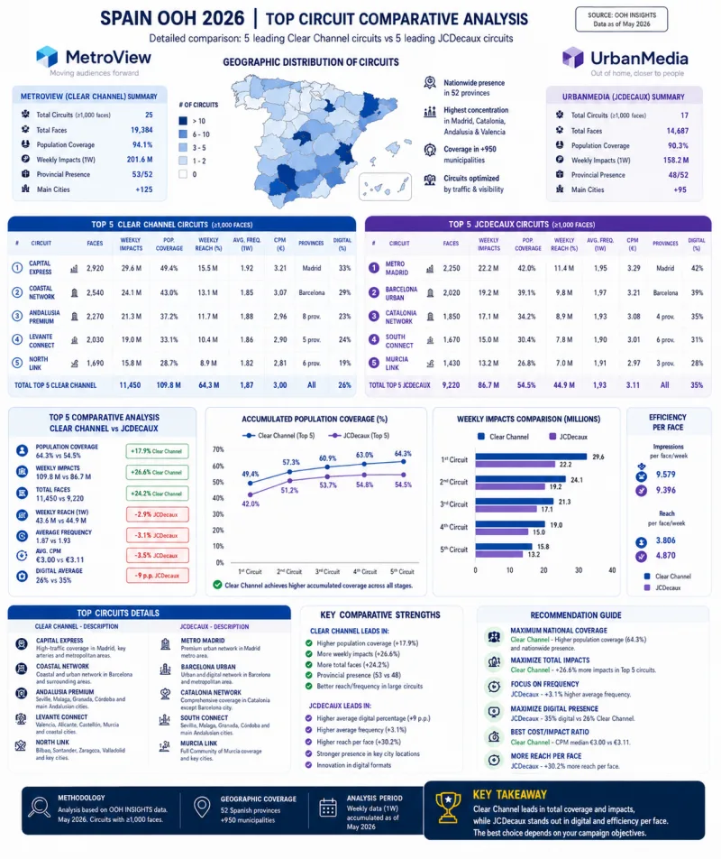Spain OOH 2026 comparison: MetroView top 5 circuits vs UrbanMedia top 5, with population coverage, weekly impacts, faces, frequency, CPM and digital share.